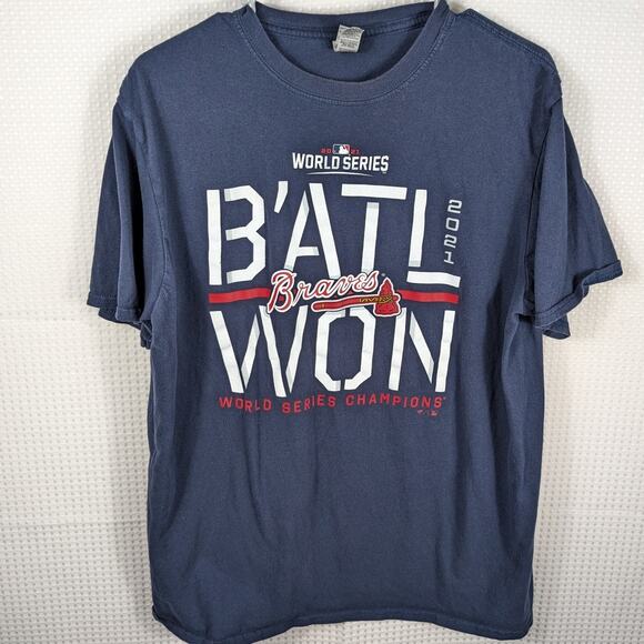 Atlanta Braves L T-Shirt 2021 World Series Champions MLB BATL WON Navy Gildan - Picture 1 of 5